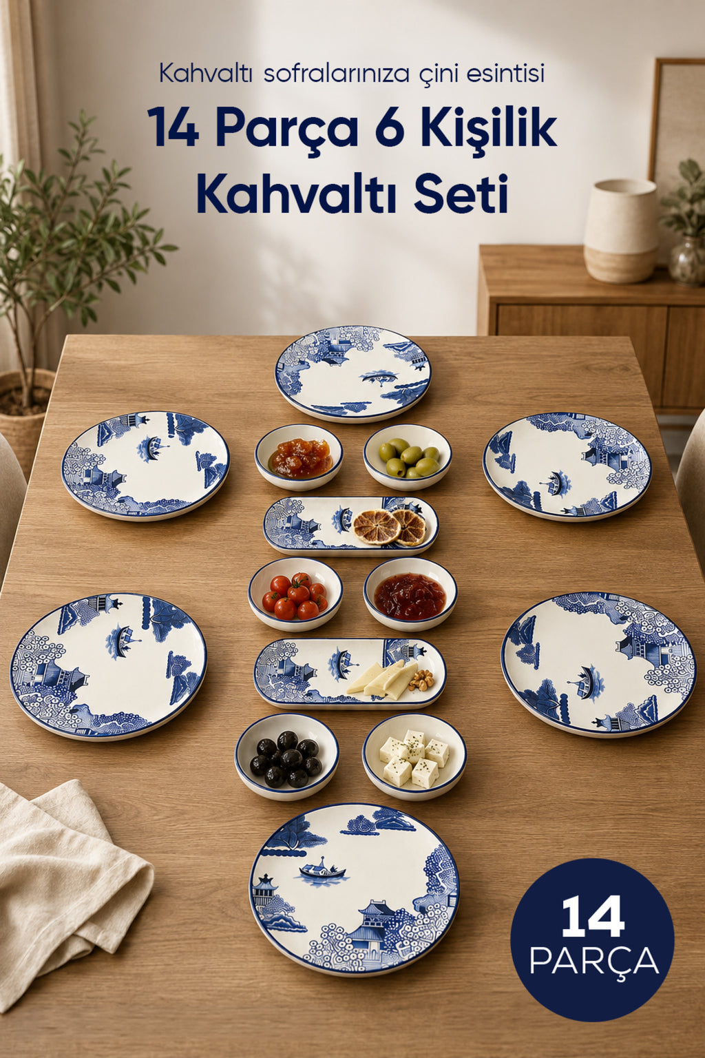 Mavi Çini Desenli 14 Parça 6 Kişilik Seramik Kahvaltı Takımı Servis Sunum Tabaklı Dekoratif Sofra Seti