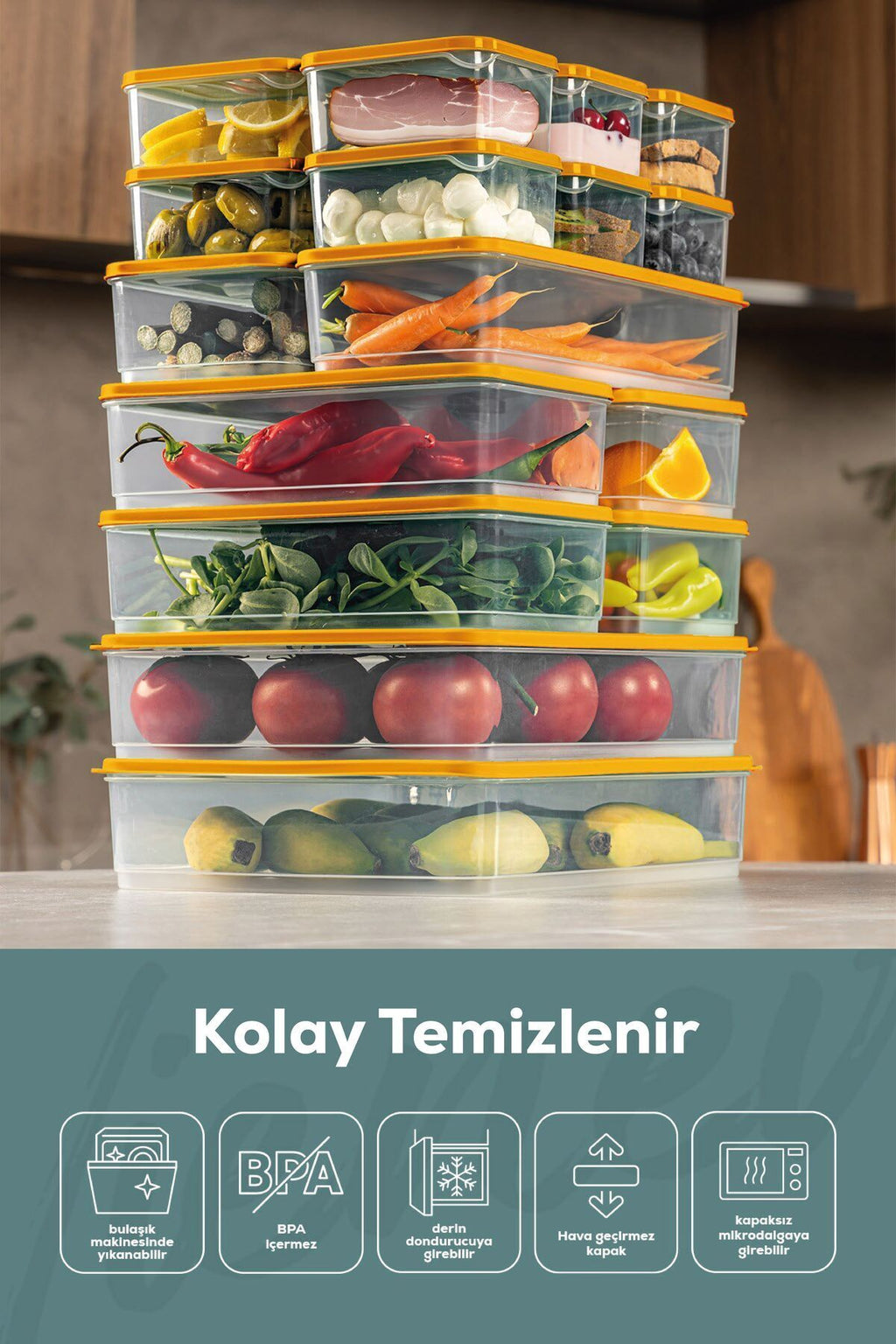 20'li Buzdolabı Düzenleyici Organizer Mikrodalgaya Uygun Difriz Saklama Kabı Turuncu