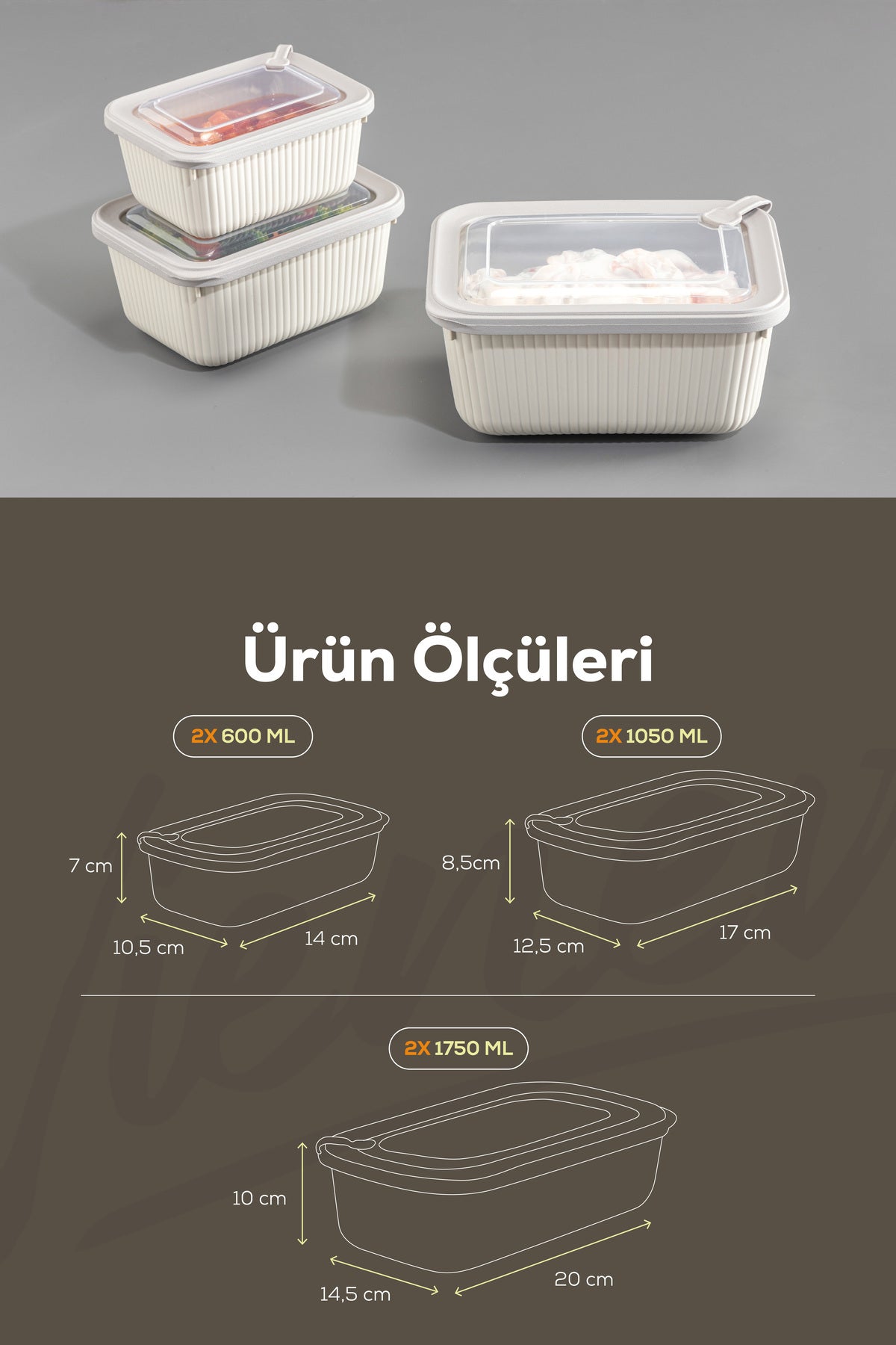 6'lı Vip Dikdörtgen Mikrodalga Ve Difrize Uygun Saklama Kabı Seti Bej 2x(1750,1050,600 ml)