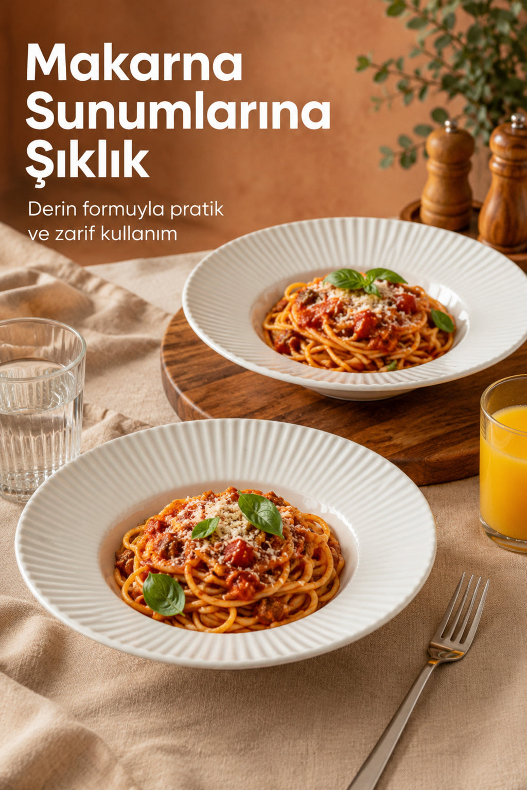 2'li Porselen Çizgi Desenli Çukur Makarna Tabağı Salata Sunum Kasesi 27 cm