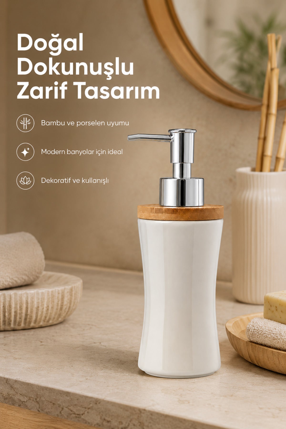 Bambu Kapaklı Porselen Sıvı Sabunluk 300 ml Bej