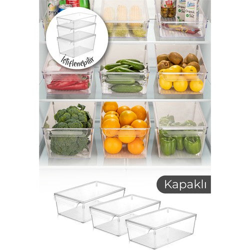 3 Adet Kapaklı Buzdolabı Organizeri Orta 6,5 Litre