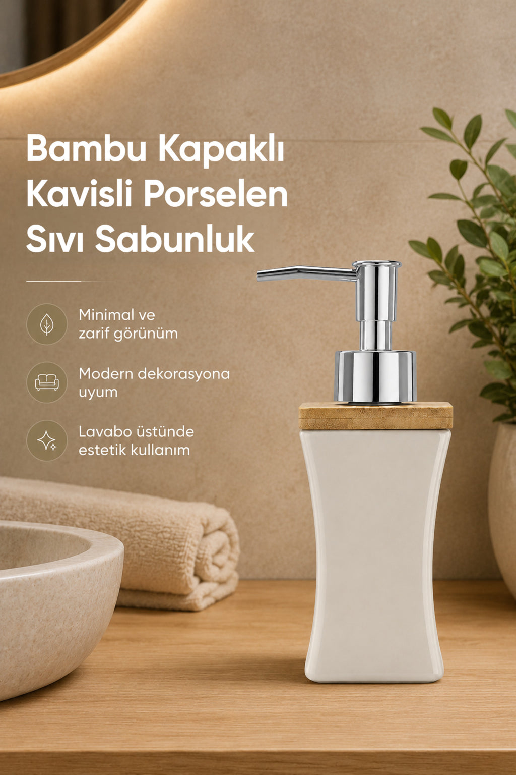 Bambu Kapaklı Porselen Sıvı Sabunluk Kavisli Model 280 ml Bej