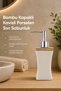 Bambu Kapaklı Porselen Sıvı Sabunluk Kavisli Model 280 ml Bej