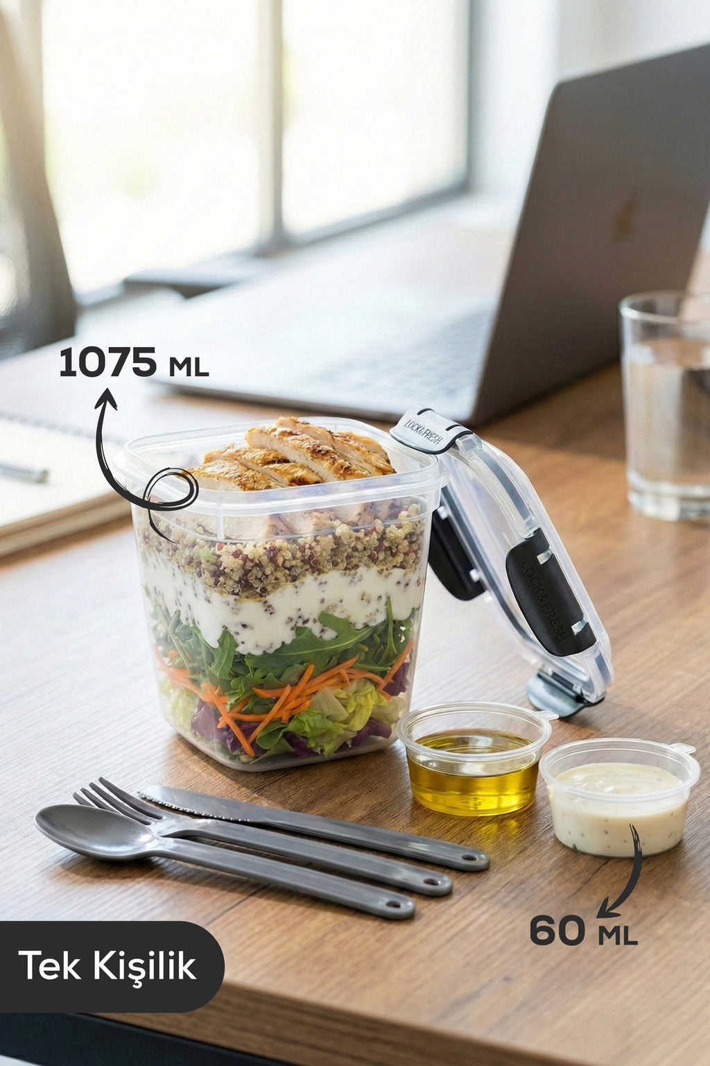Kilitli Kapak 1075ml Yemek Saklama Kabı - 2 Sosluk ve Kaşık Setli Pratik Öğün Kabı