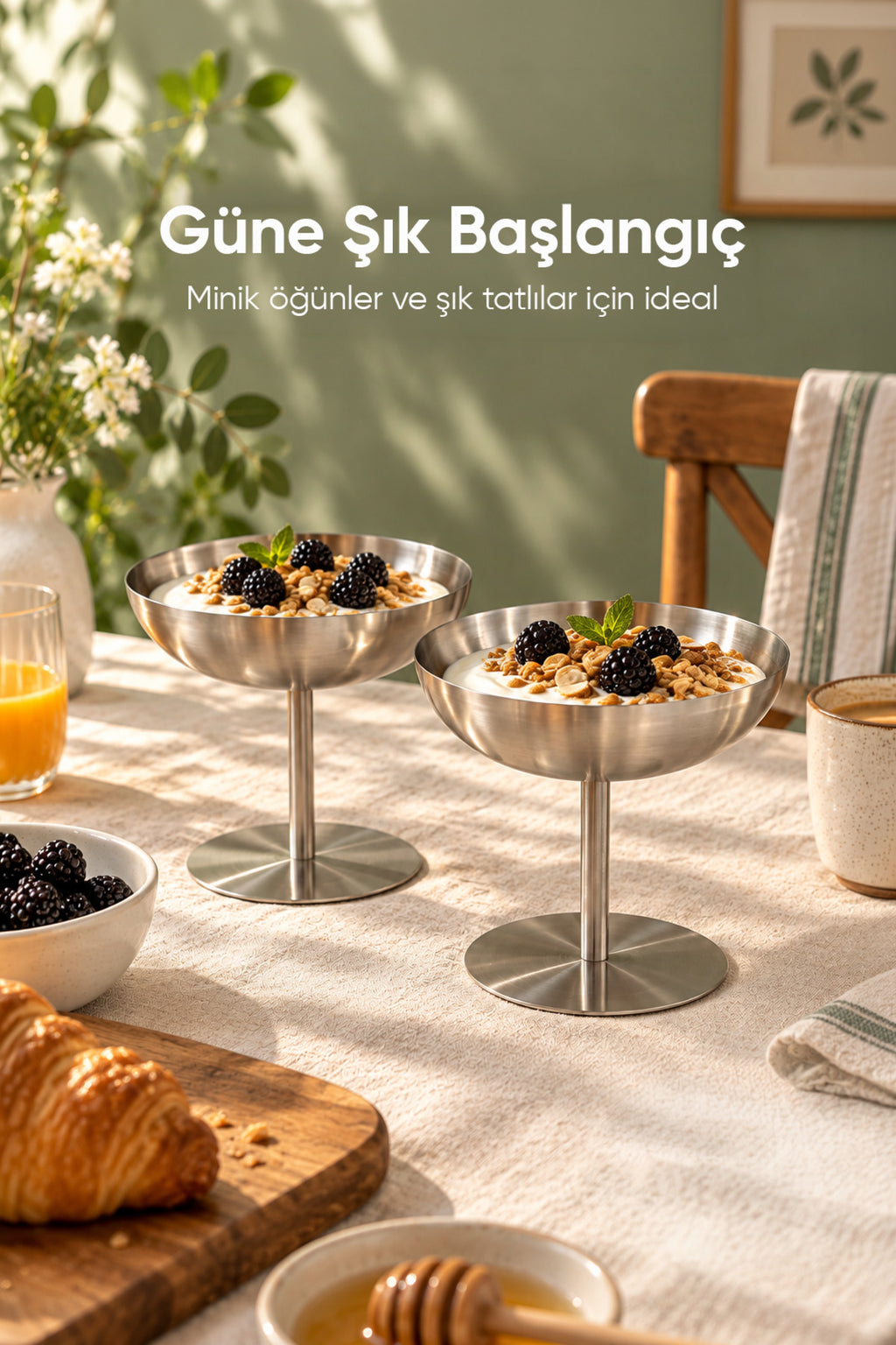 2'li 170 ml Paslanmaz Çelik Ayaklı Sunumluk Tatlı Dondurma Kasesi