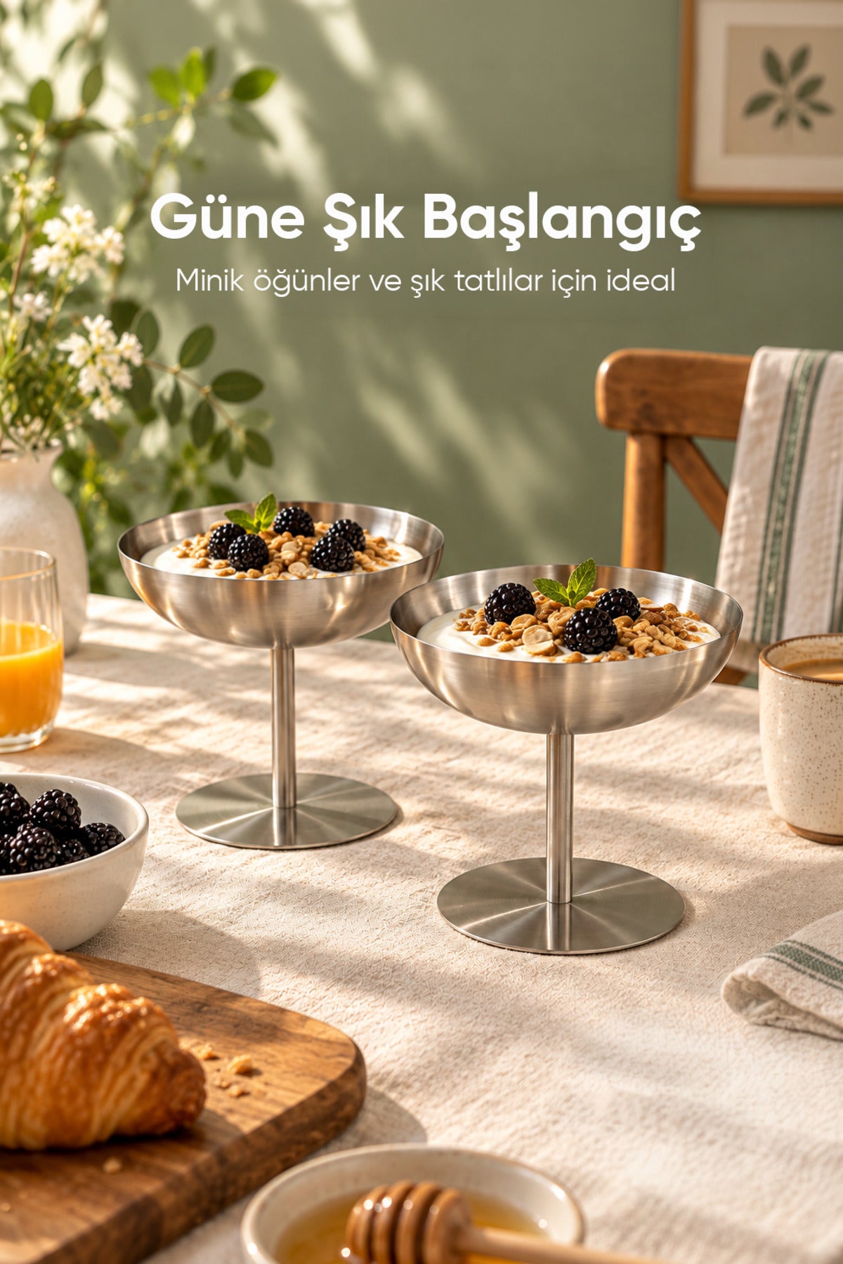 2'li 170 ml Paslanmaz Çelik Ayaklı Sunumluk Tatlı Dondurma Kasesi