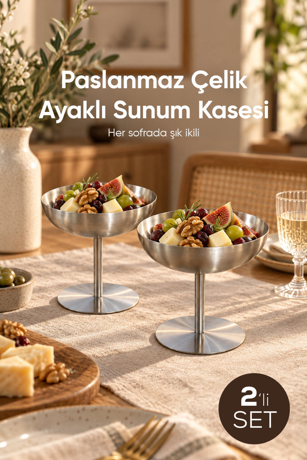2'li 170 ml Paslanmaz Çelik Ayaklı Sunumluk Tatlı Dondurma Kasesi