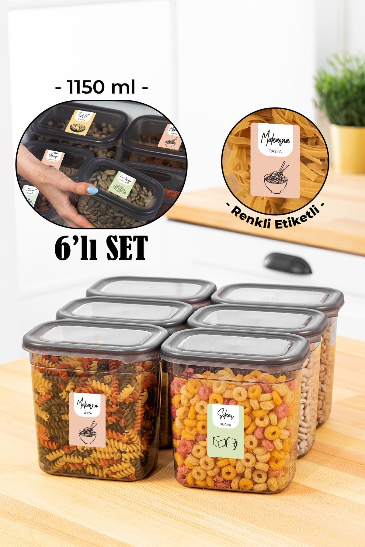 Renkli Etiketli 6lı Peggy Dikdörtgen Saklama Kabı Seti 1150 Ml Antrasit
