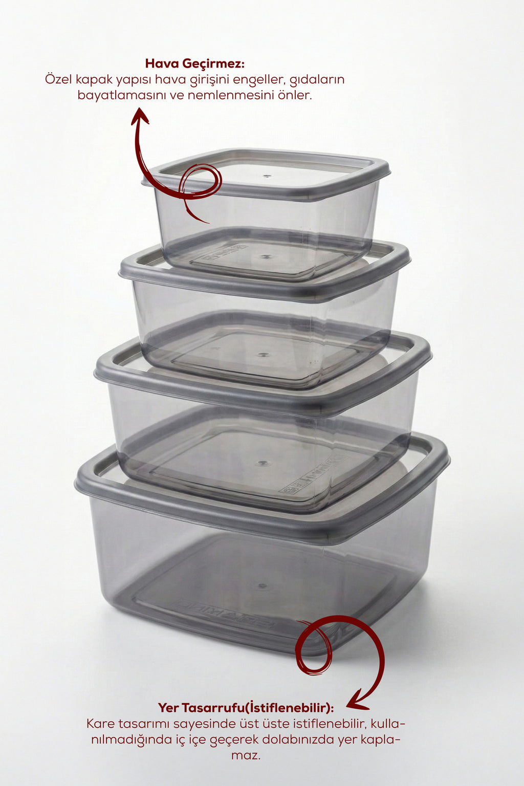 4'lü Kare Hava Geçirmez Saklama Kabı Antrasit (1,4 lt - 850 ml - 500 ml - 270 ml)