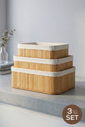 3'lü Set Dikdörtgen Bambu Organizer Sepet | Banyo Mutfak Dolap İçi