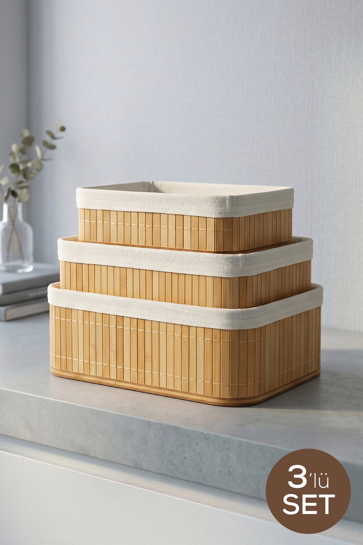 3'lü Set Dikdörtgen Bambu Organizer Sepet | Banyo Mutfak Dolap İçi