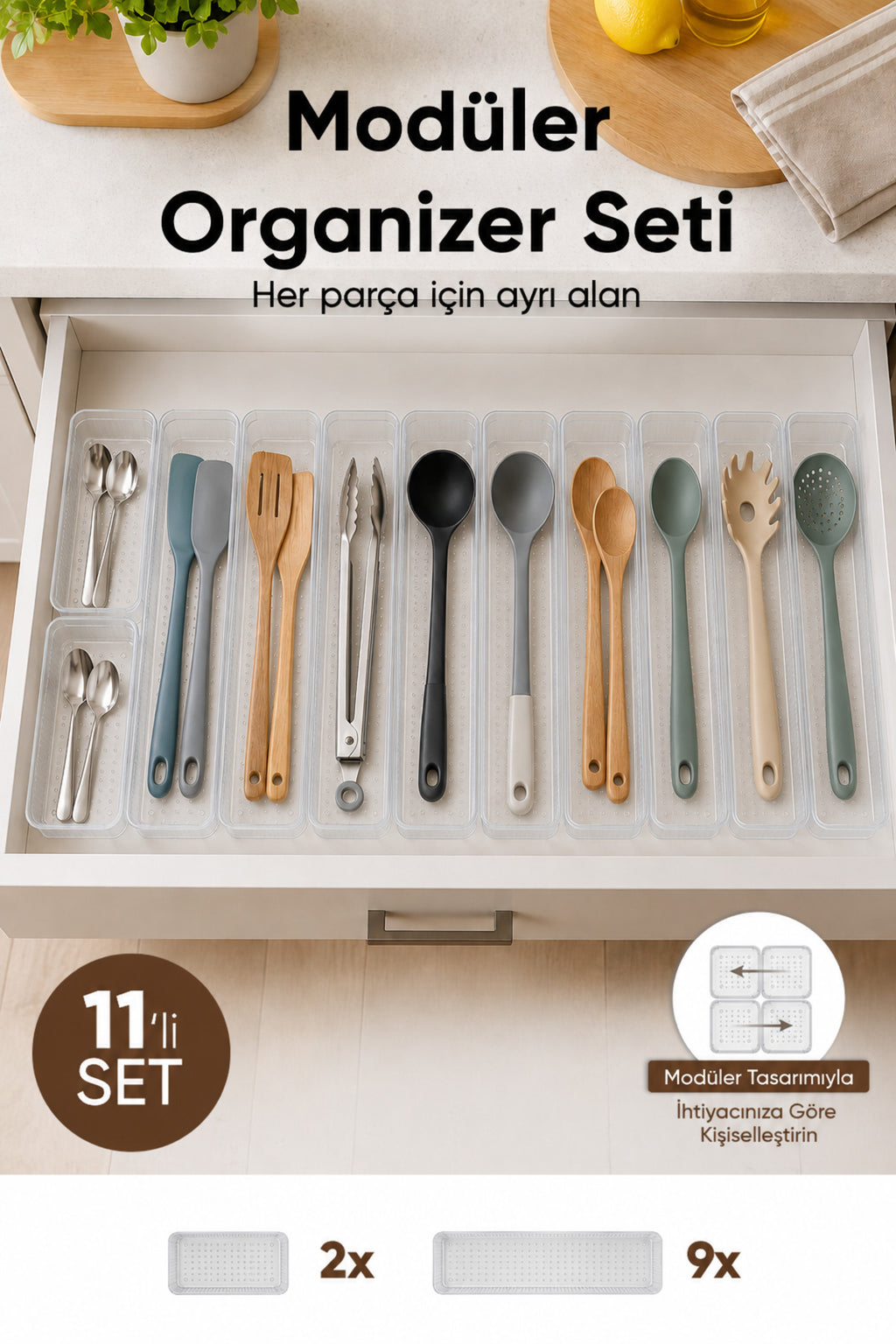 11'li Modüler Şeffaf Kaşıklık Seti Çekmece İçi Mutfak Çatal Kaşık Bıçak Düzenleyici Organizer (9F2C)