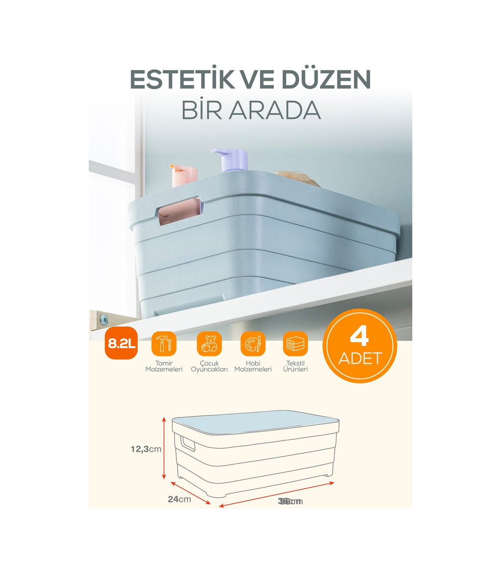 4'lü Kapaklı 8,2 Litre Saklama Kutusu Bej