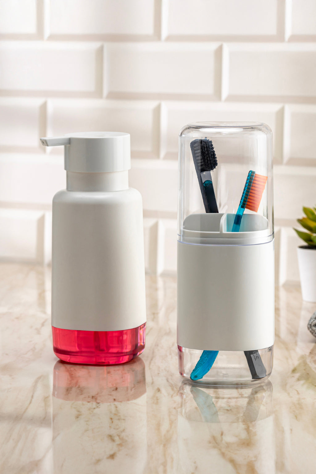 Modern Diş Fırçalık ve Sıvı Sabunluk Beyaz 500 ml | Banyo Seti