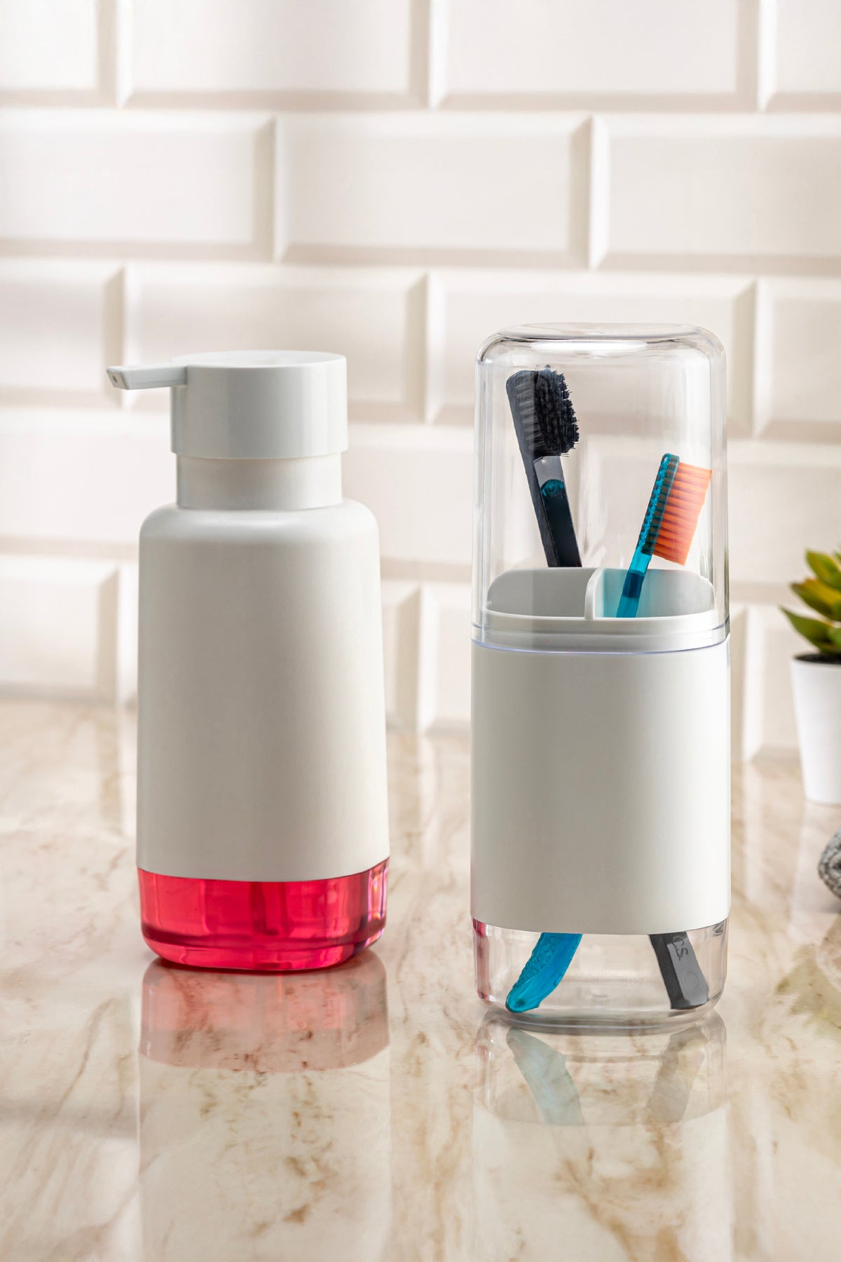 Modern Diş Fırçalık ve Sıvı Sabunluk Beyaz 500 ml | Banyo Seti