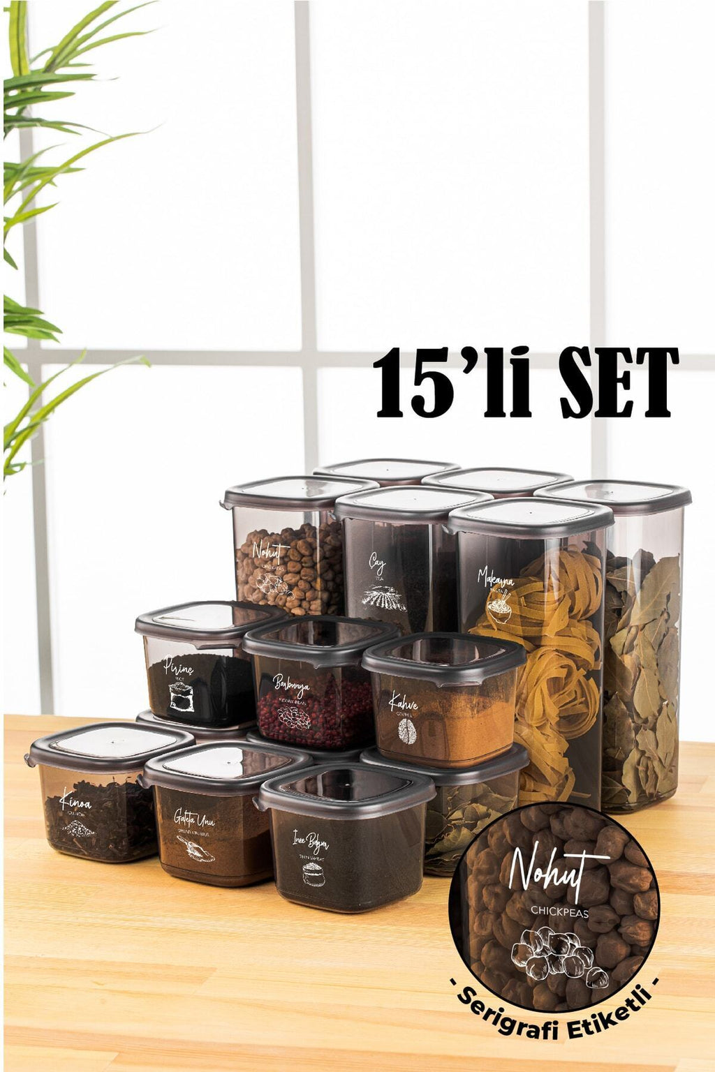 Beyaz Serigrafi Etiketli 15li Peggy Kare Erzak Saklama Kabı 9x(0,55 LİTRE) - 6x(1,75 LİTRE) Antrasit