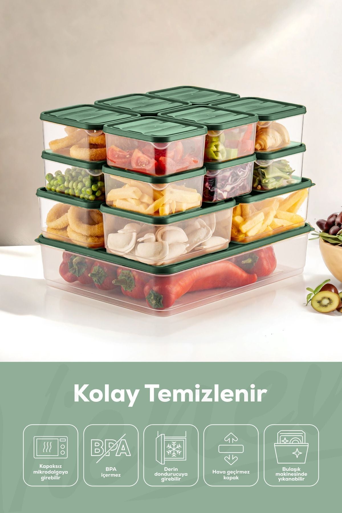 17'li Buzdolabı Düzenleyici Organizer Mikrodalgaya Uygun Difriz Saklama Kabı Yeşil
