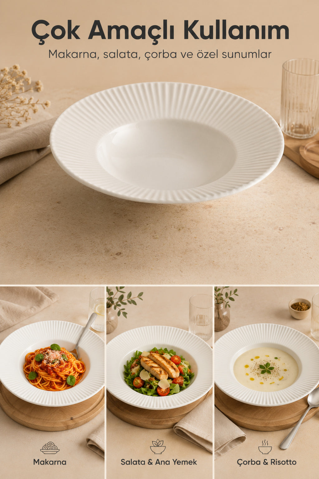 2'li Porselen Çizgi Desenli Çukur Makarna Tabağı Salata Sunum Kasesi 27 cm