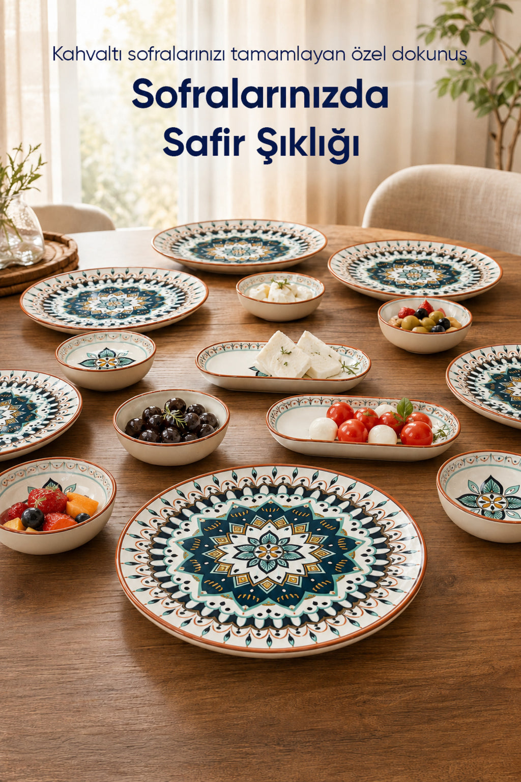 Safir Desenli 14 Parça 6 Kişilik Seramik Kahvaltı Takımı Servis Sunum Tabaklı Dekoratif Sofra Seti