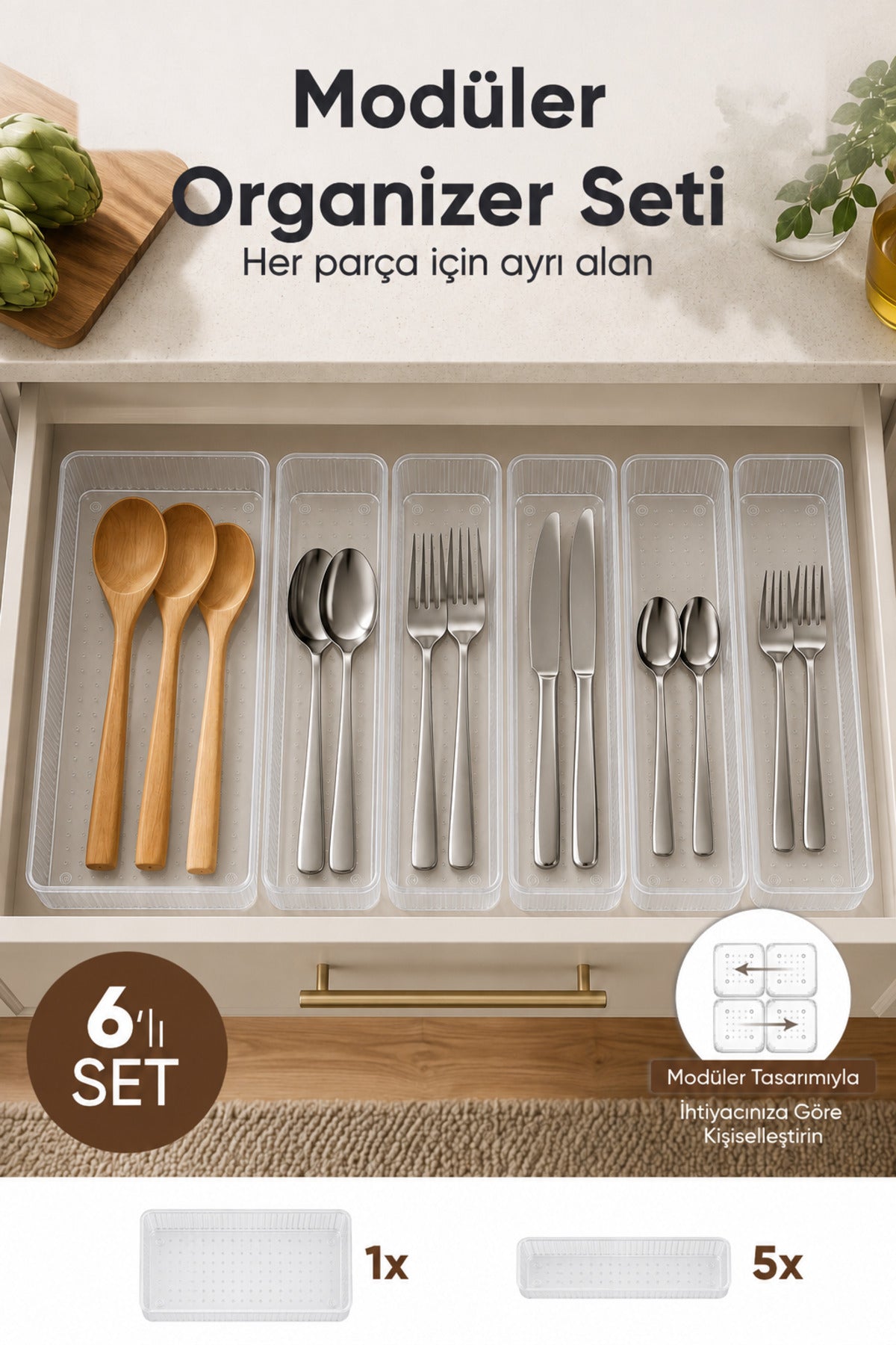 6'lı Modüler Şeffaf Kaşıklık Seti Çekmece İçi Mutfak Çatal Kaşık Bıçak Düzenleyici Organizer (1E5F)