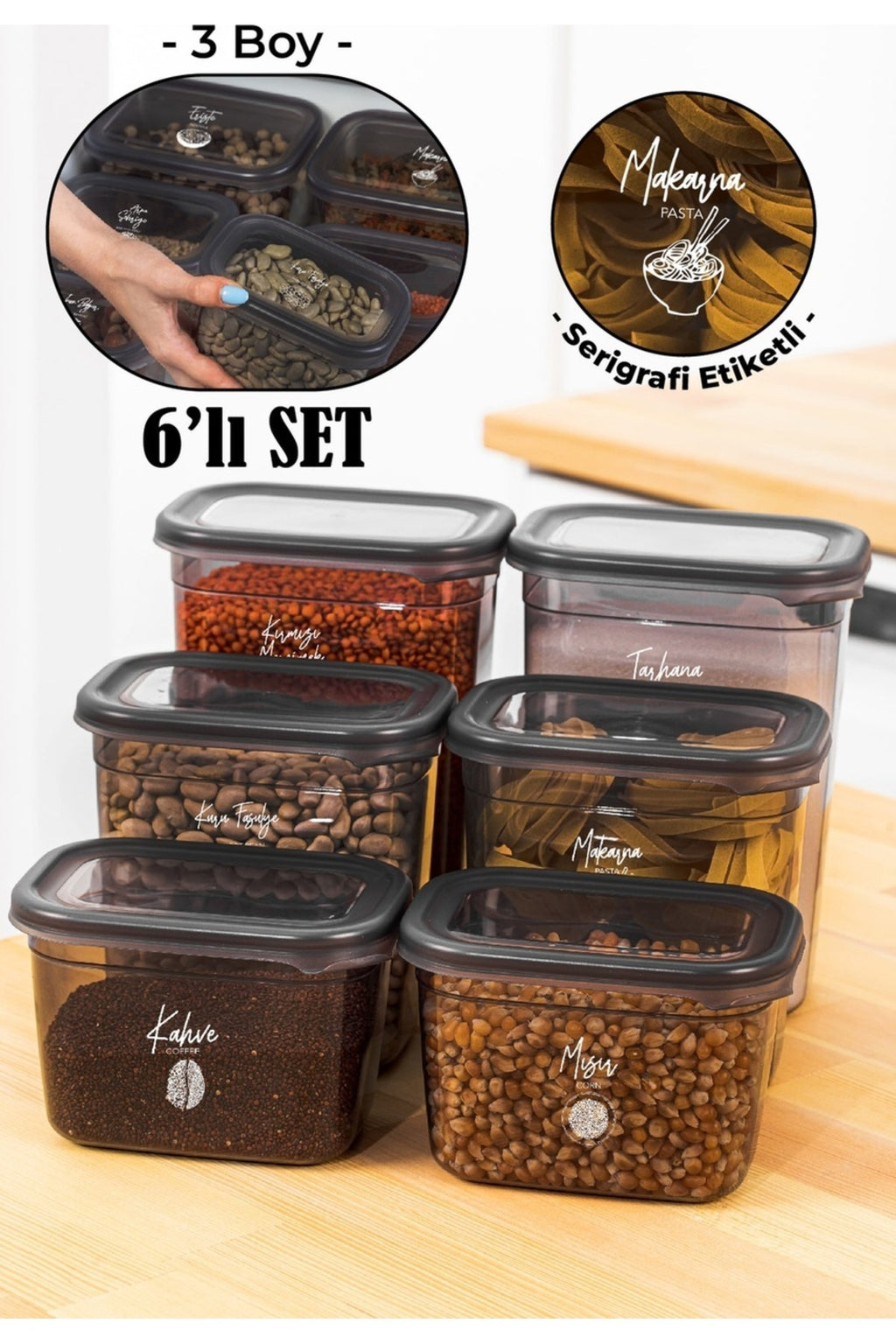 Beyaz Serigrafi Etiketli 6lı Peggy Dikdörtgen Saklama Kabı Seti 2x(1500-1150-800 Ml) Antrasit