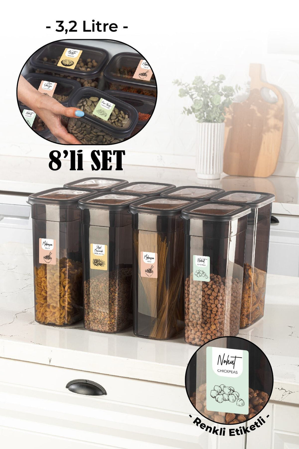 Renkli Etiketli 8li Set Peggy Dikdörtgen Saklama Kabı 3,2 Litre Antrasit