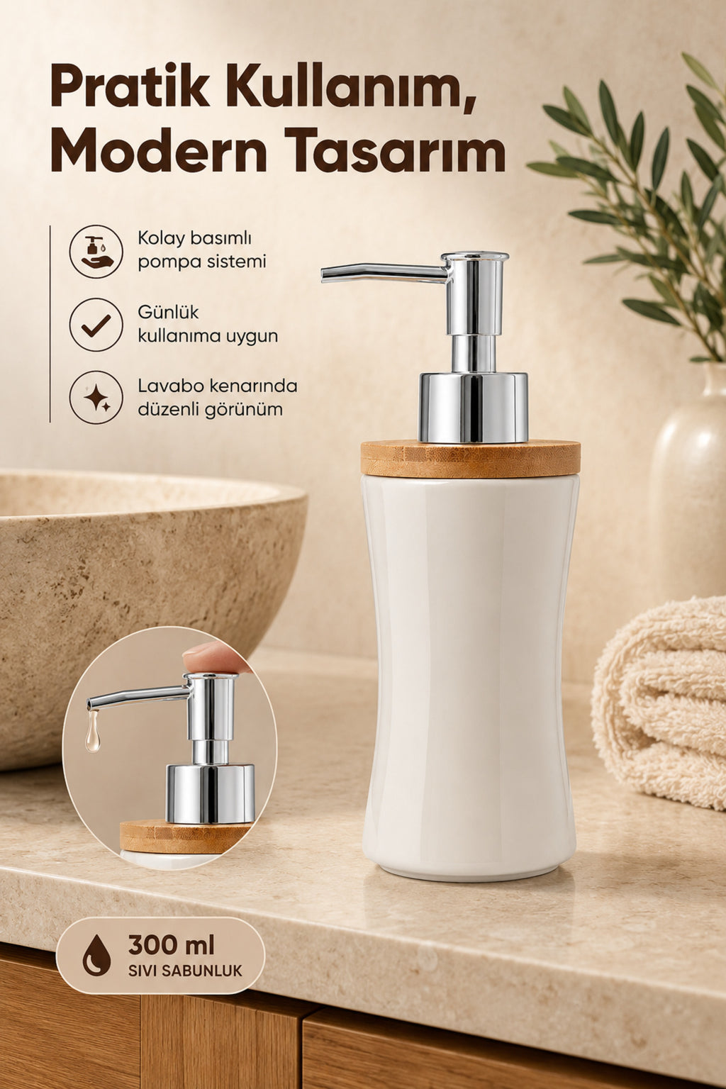 Bambu Kapaklı Porselen Sıvı Sabunluk 300 ml Bej