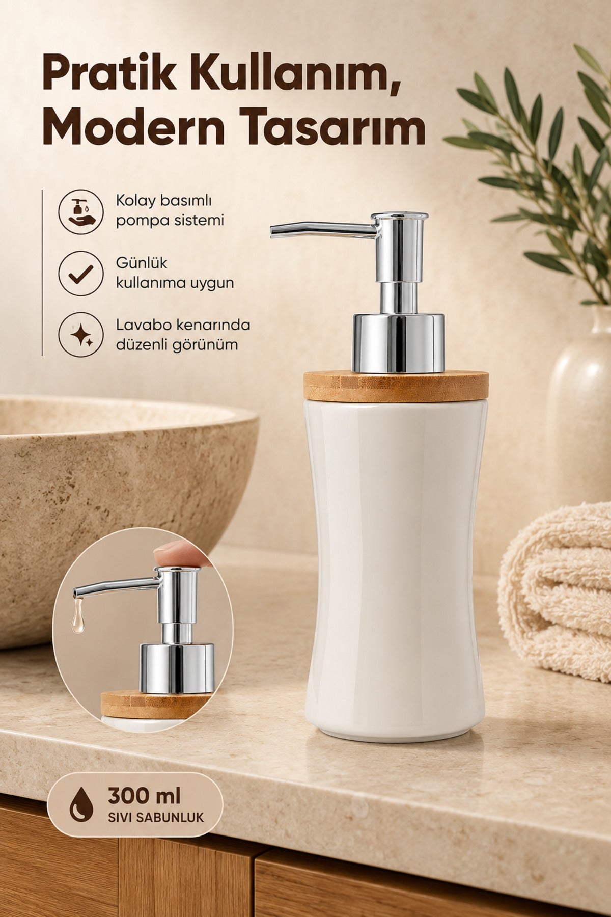 Bambu Kapaklı Porselen Sıvı Sabunluk 300 ml Bej