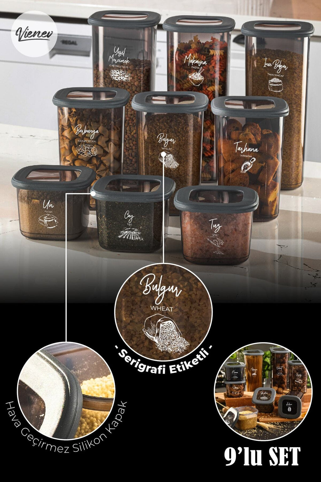 Beyaz Serigrafi Etiketli Kare Erzak Saklama Kabı 9'lu Set 3x(0,55 LİTRE, 1,2 LİTRE, 1,75 LİTRE)