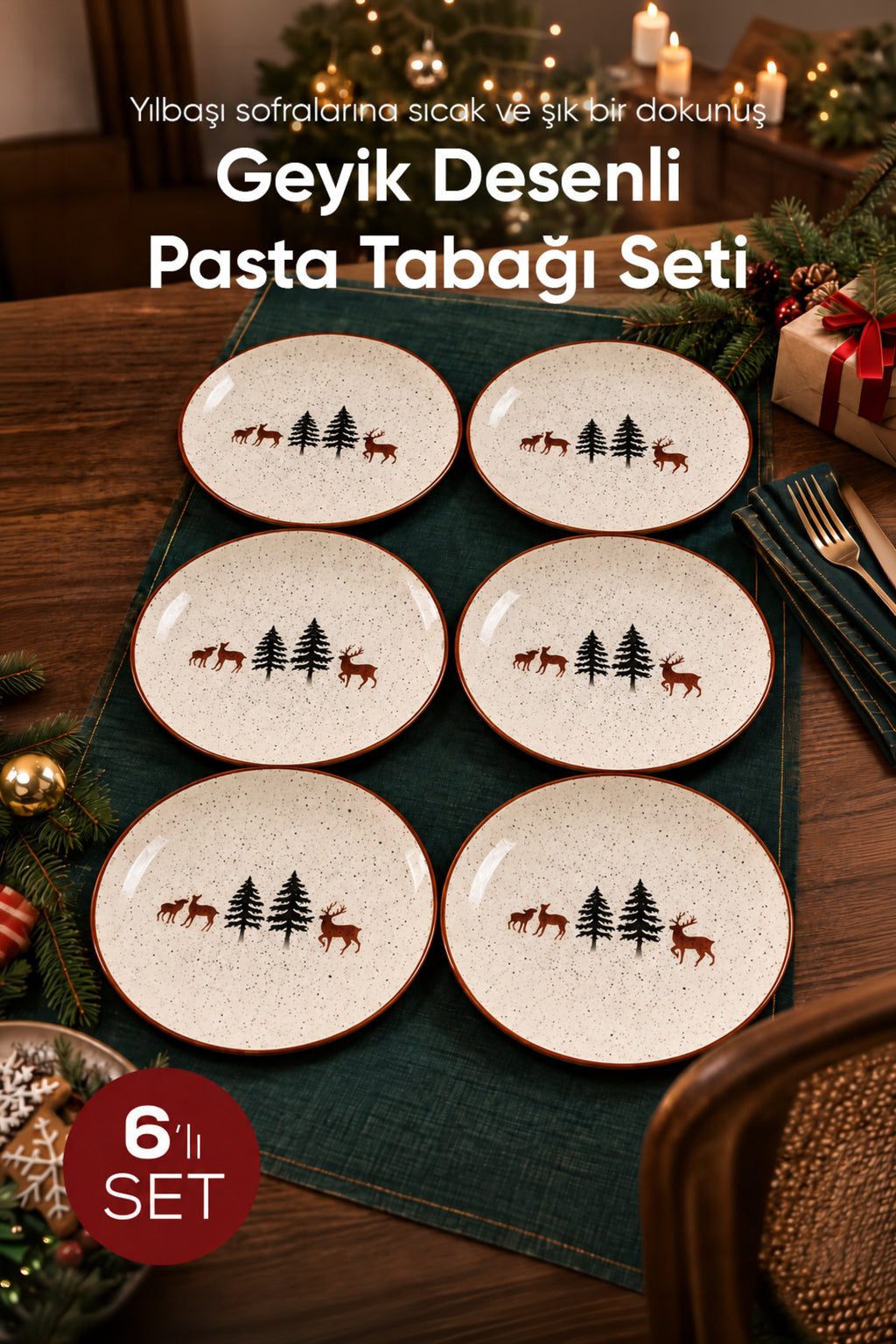 6'lı Geyik Desenli Yuvarlak Pasta Tabağı 19 cm Tatlı Sunum Servis Tabağı 6 Kişilik