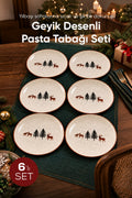 6'lı Geyik Desenli Yuvarlak Pasta Tabağı 19 cm Tatlı Sunum Servis Tabağı 6 Kişilik