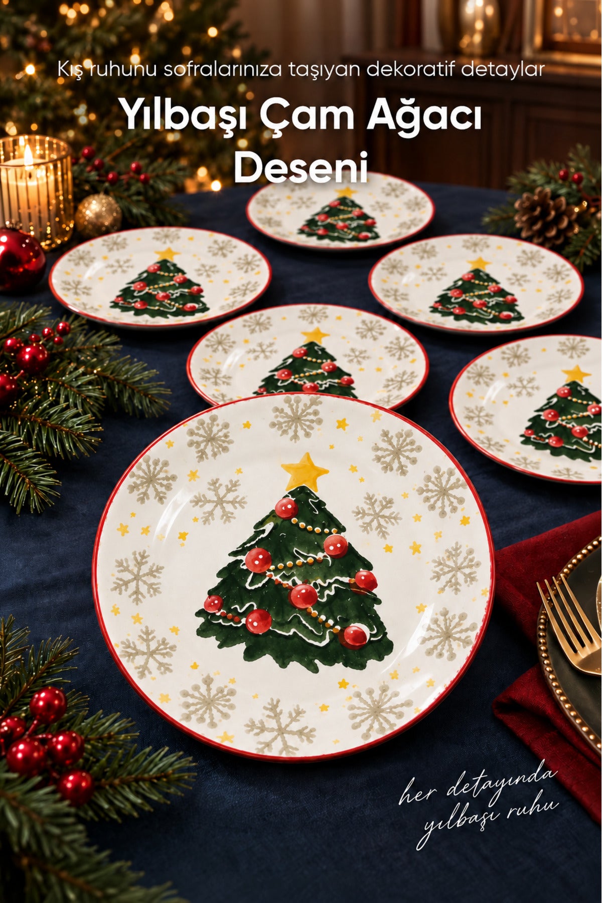 6'lı Süslü Çam Ağacı Desenli Yuvarlak Servis Tabağı 25 cm Tatlı Sunum Servis Tabağı 6 Kişilik