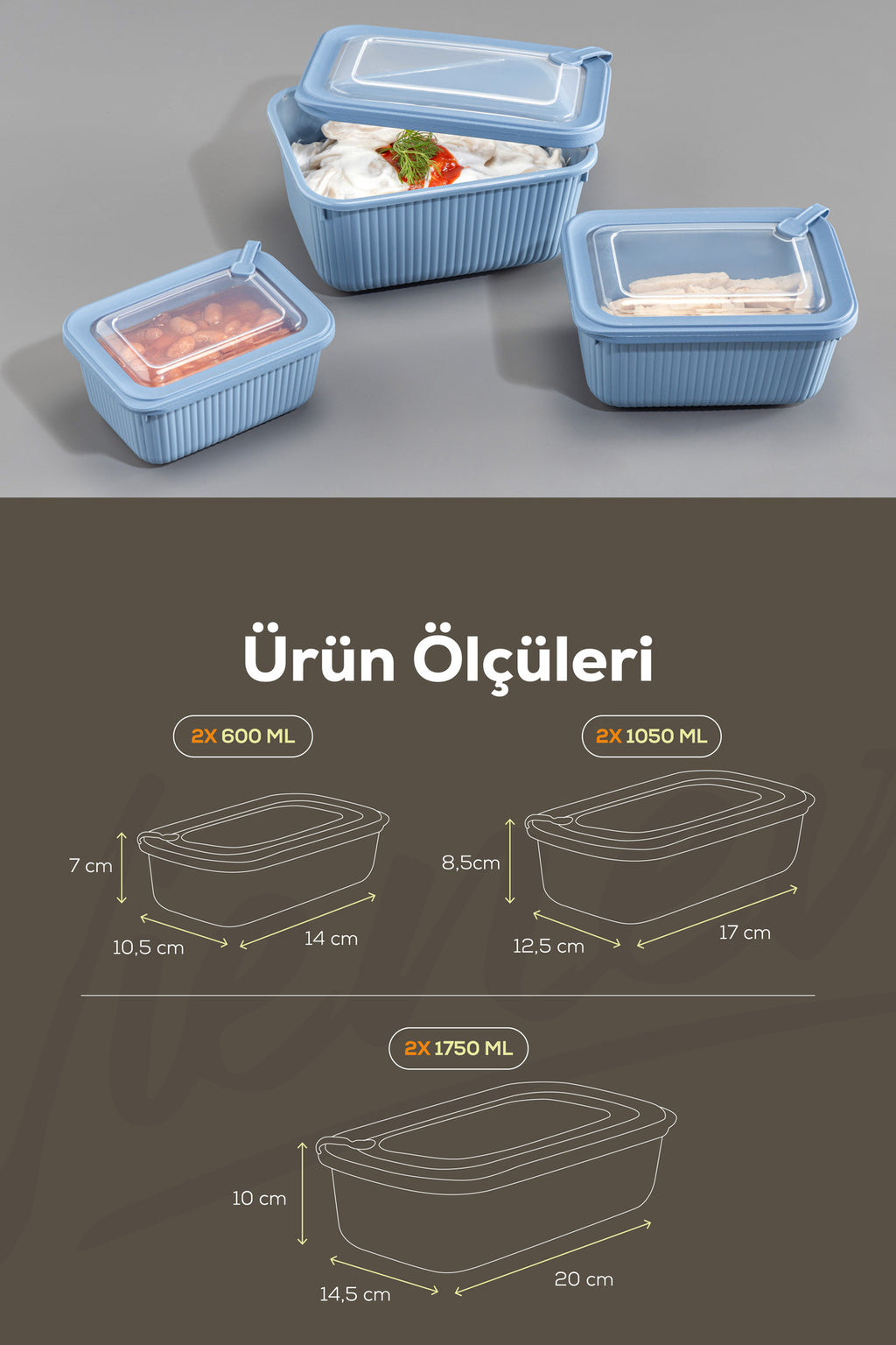 6'lı Vip Dikdörtgen Mikrodalga Ve Difrize Uygun Saklama Kabı Seti Mavi 2x(1750,1050,600 ml)