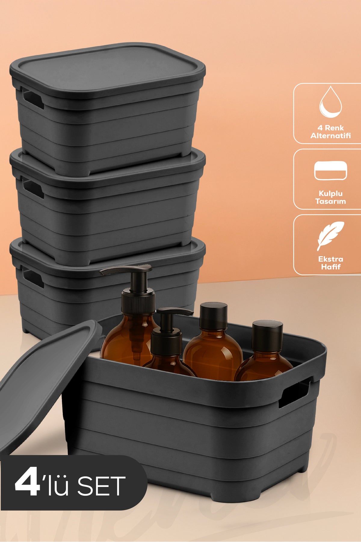 4'lü Kapaklı 3,8 Litre Saklama Kutusu Antrasit