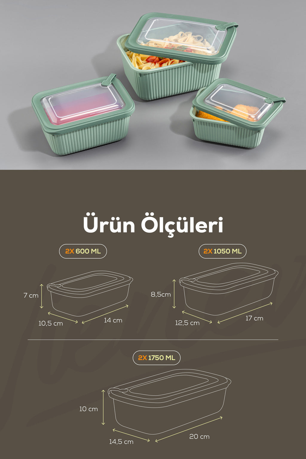 6'lı Vip Dikdörtgen Mikrodalga Ve Difrize Uygun Saklama Kabı Seti Yeşil 2x(1750,1050,600 ml)