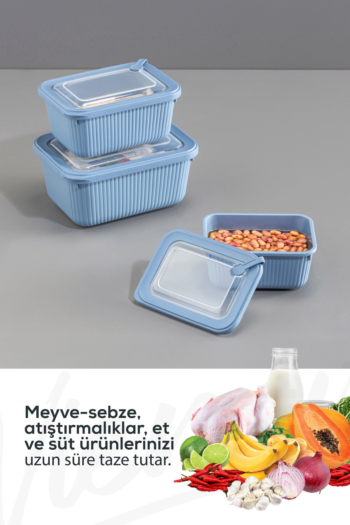 3'lü Vip Dikdörtgen Mikrodalga Ve Difrize Uygun Saklama Kabı Seti Mavi 1x(1750,1050,600 ml)