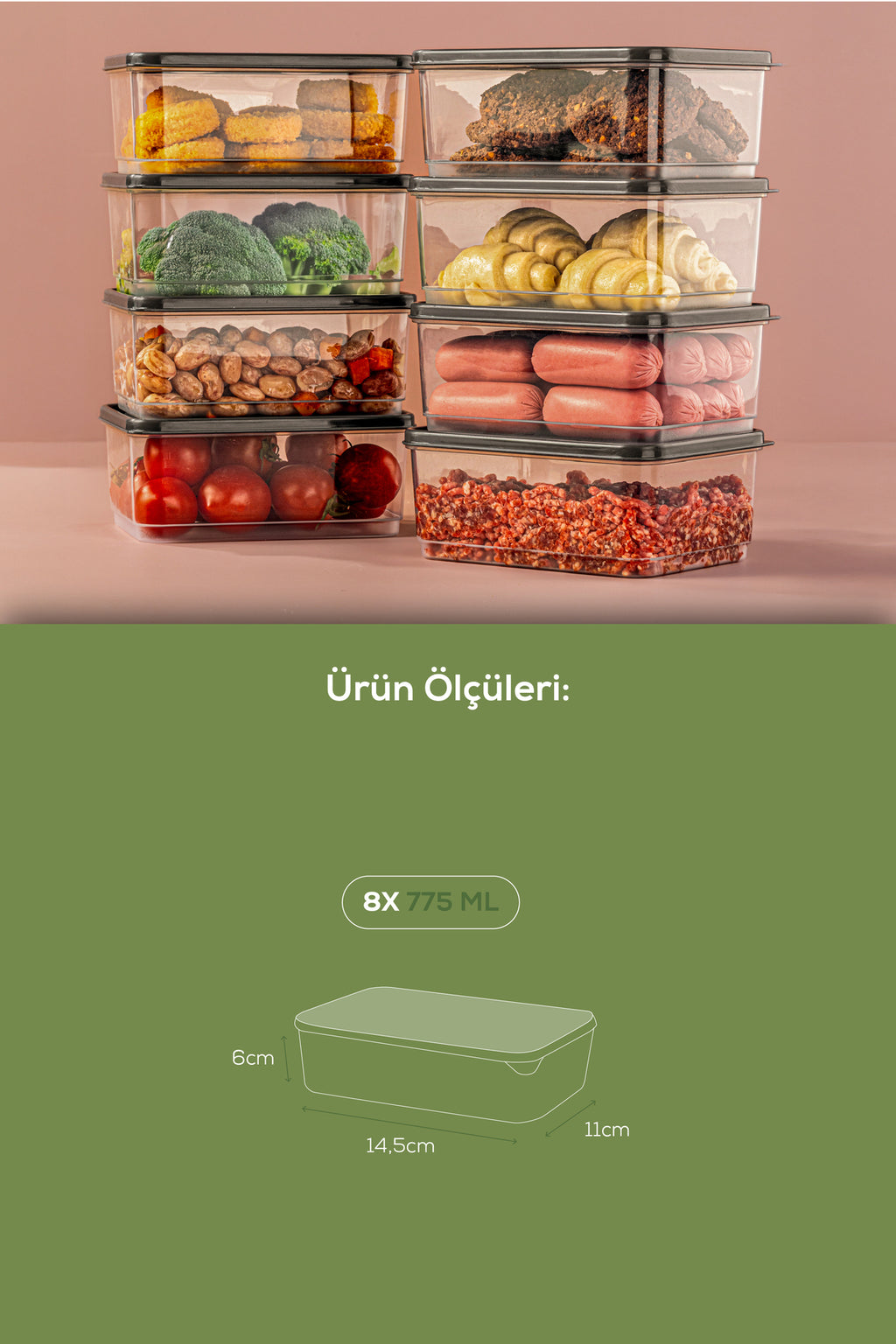 8'li 775 ml Buzdolabı Düzenleyici Organizer Mikrodalgaya Uygun Difriz Saklama Kabı Gri