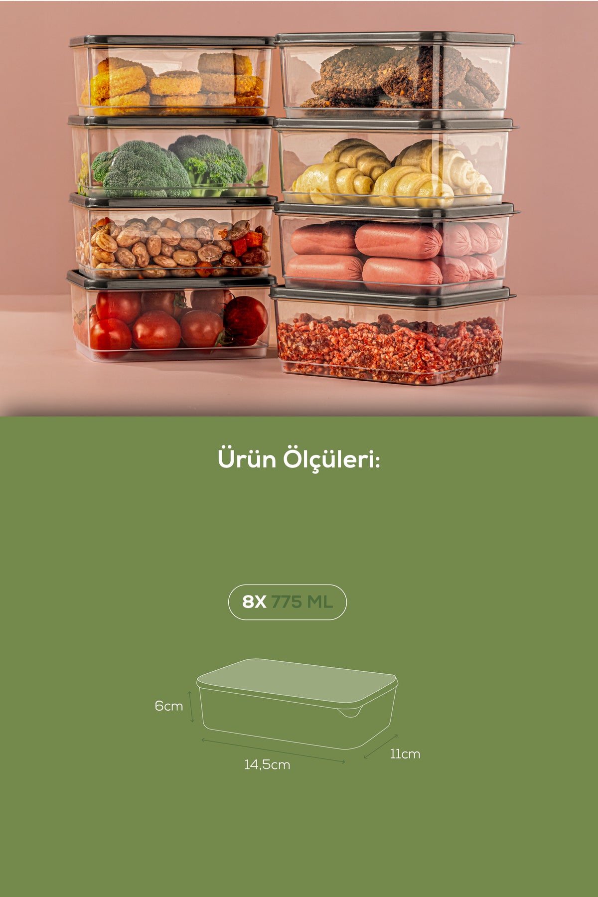8'li 775 ml Buzdolabı Düzenleyici Organizer Mikrodalgaya Uygun Difriz Saklama Kabı Gri