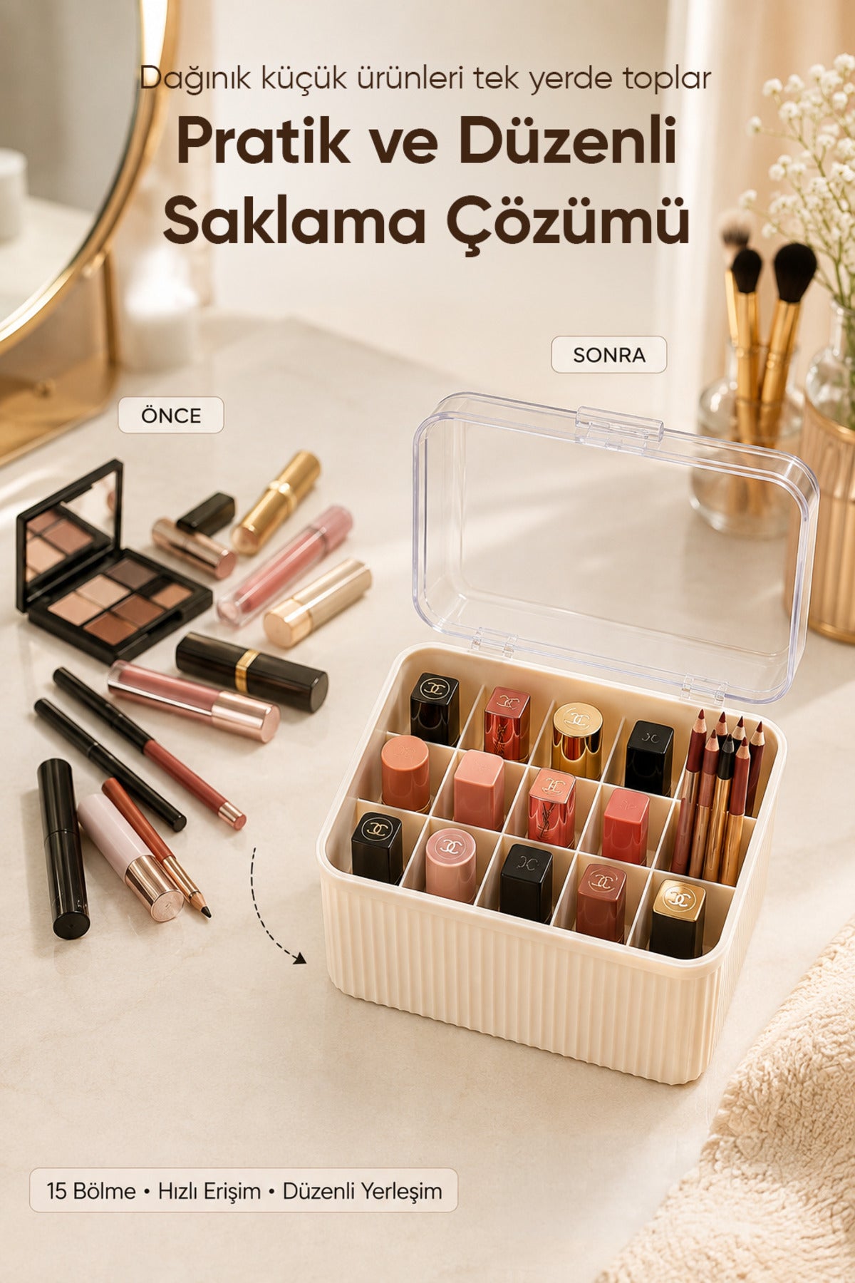 15 Bölmeli Organizer Şeffaf Kapaklı Makyaj Kozmetik Ruj Gloss Düzenleyici Çok Amaçlı Saklama Kutusu