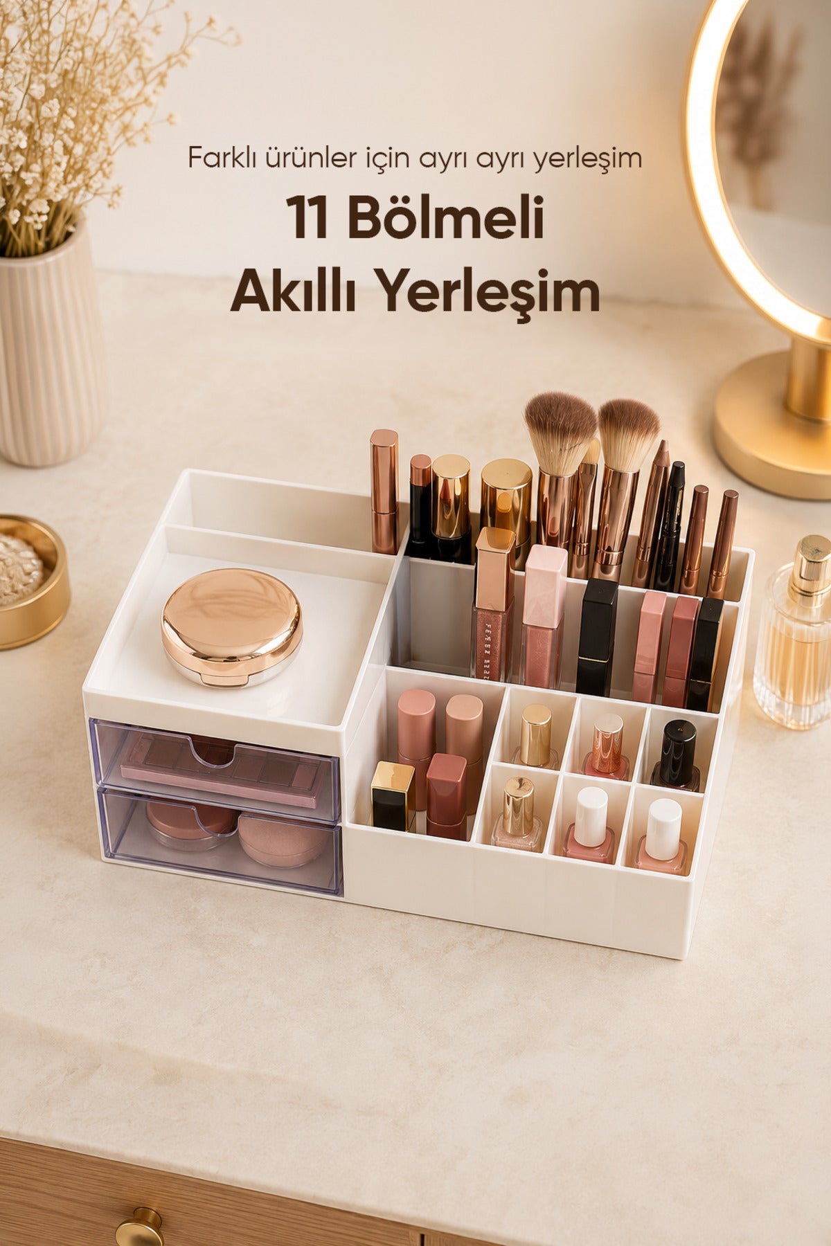 2'li Makyaj Düzenleyici Seti Fanus Kapaklı Fırçalık ve 11 Bölmeli Çekmeceli Kozmetik Organizer Seti