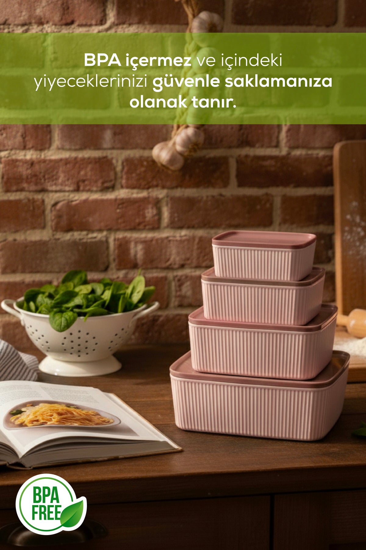 12'li Çizgili Dikdörtgen Saklama Seti Pembe | 2.5L 1.5L 0.80L 0.45L | Mikrodalga ve Dondurucu Uyumlu