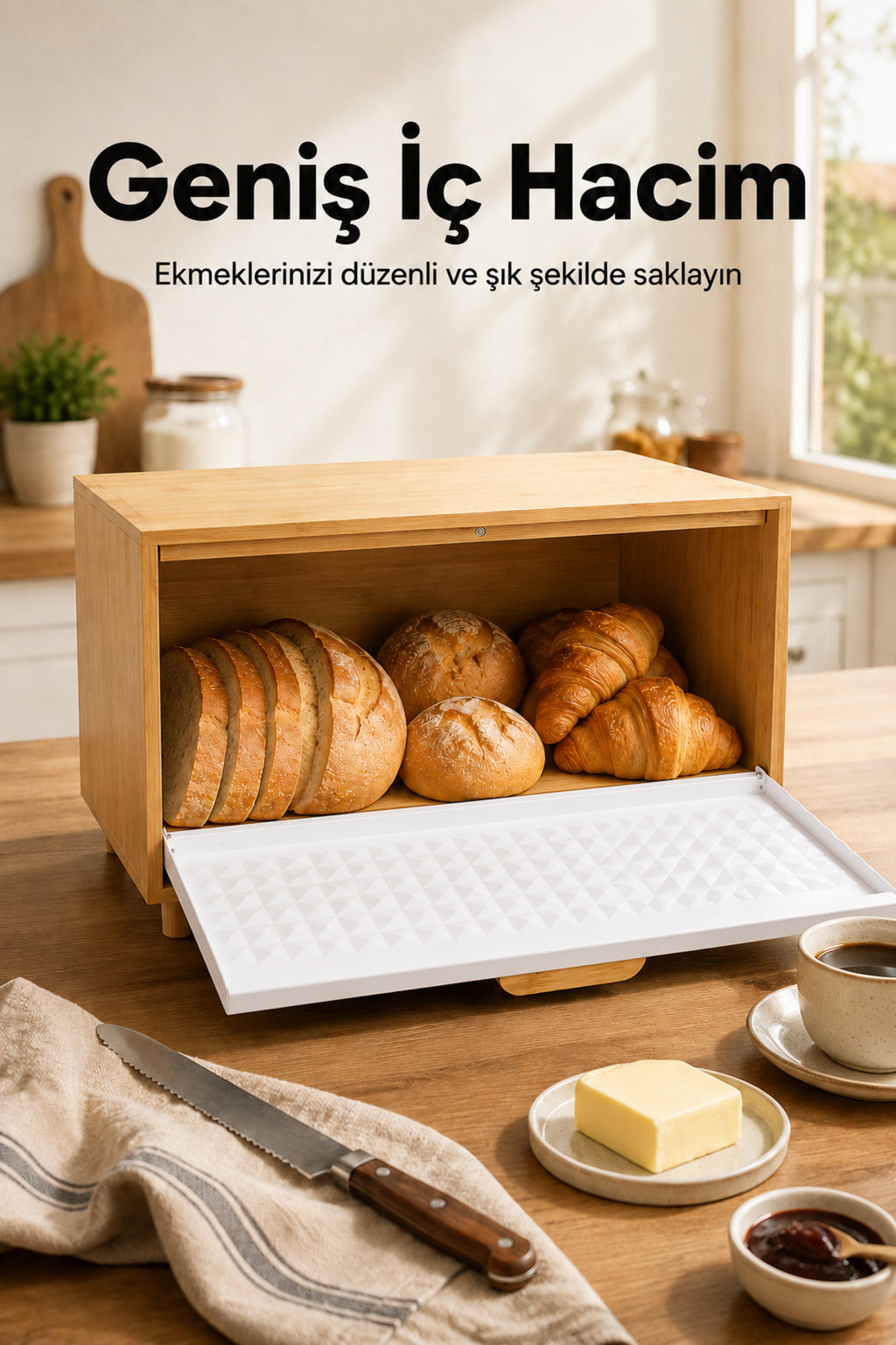 Ayaklı Ahşap Ekmek Dolabı Ve 3lü Beyaz Metal Kare Çay Kahve Şeker Saklama Kabı