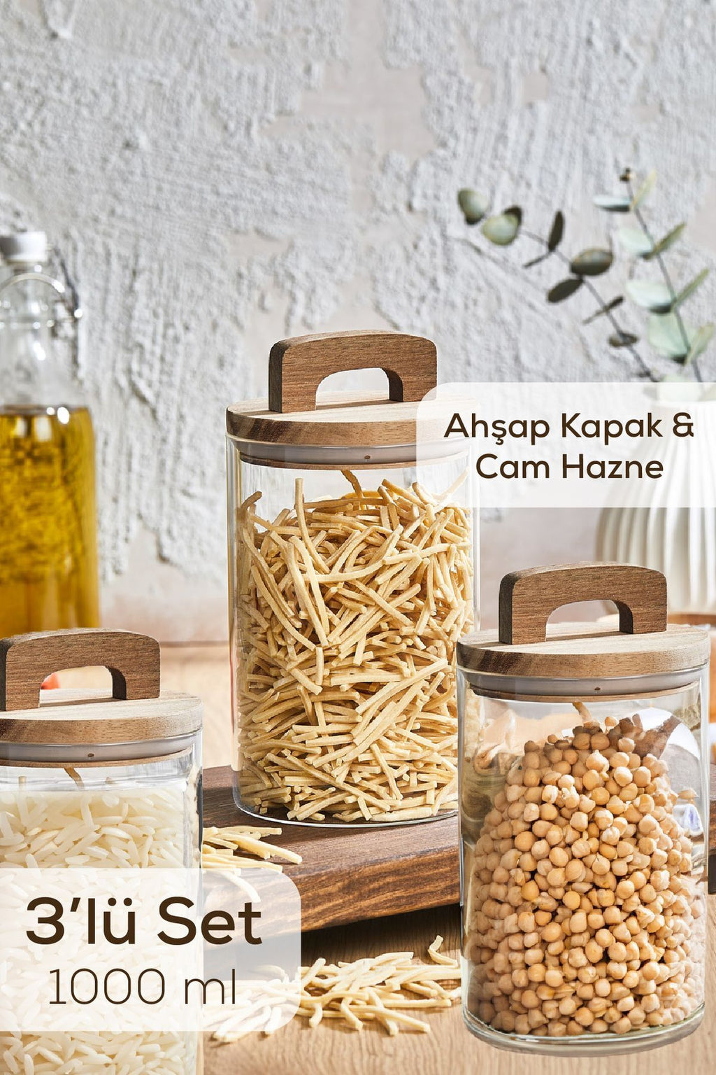 3'lü 1000 ml Ahşap Kapaklı Tutacaklı Kavanoz