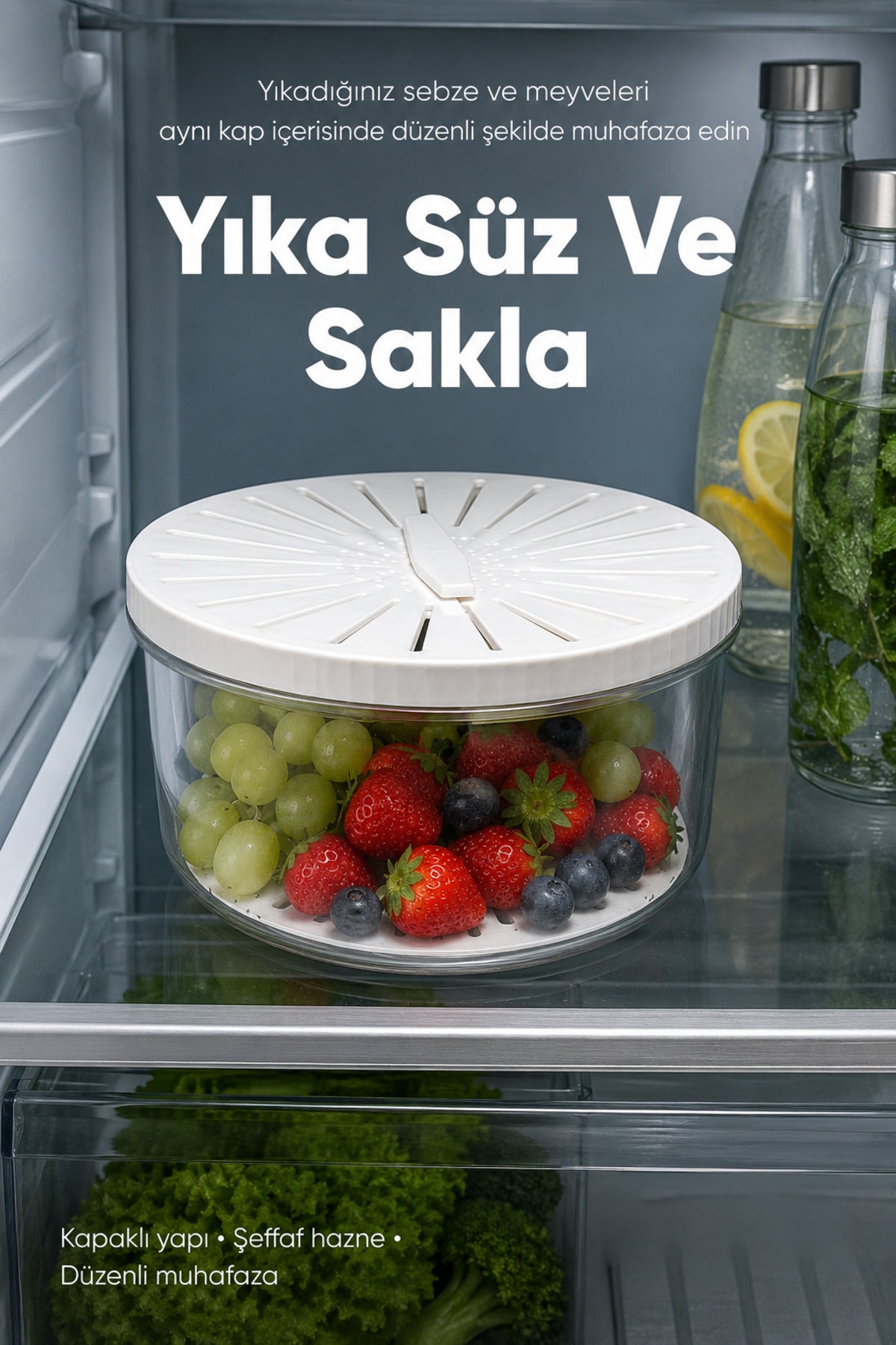 Kulplu Süzgeçli Şeffaf Saklama Kabı Kapaklı Sebze Meyve Yıkama ve Muhafaza Kabı