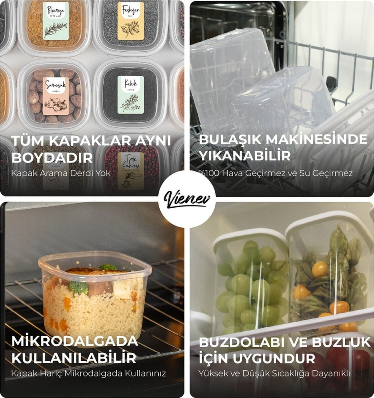Renkli Etiketli 12li Set Peggy Kare Erzak Saklama Kabı 9x(0,55 Litre) - 3x(1,75 Litre) Beyaz