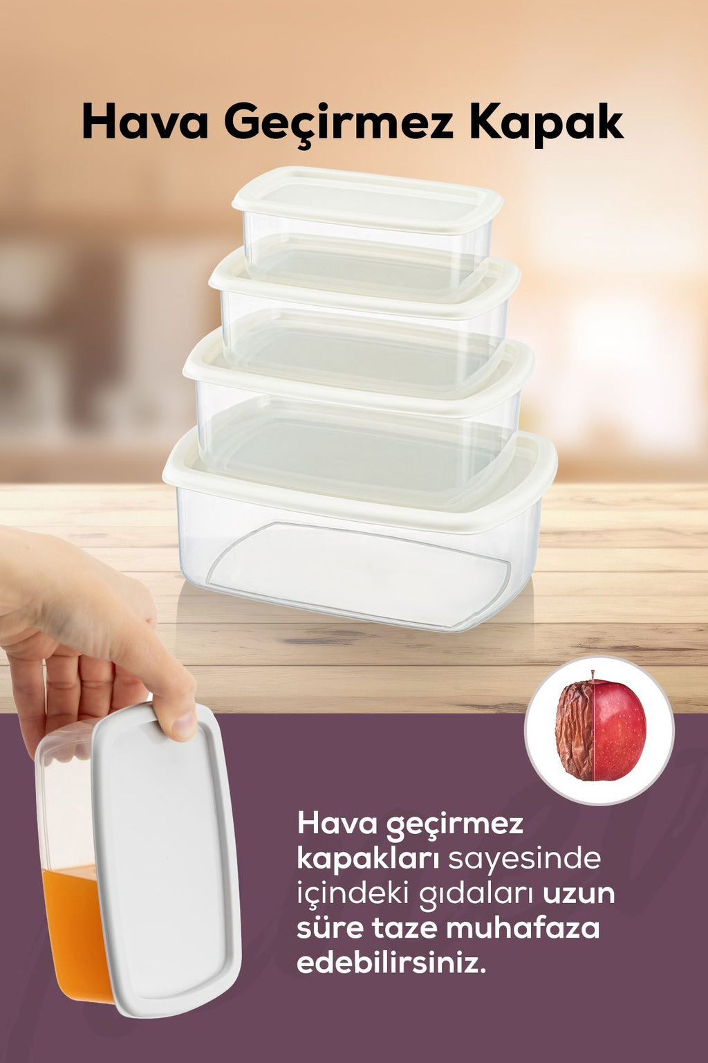 4'lü Hava Geçirmez Saklama Kabı Seti Gri 1x(250-500-750-1200 ML)