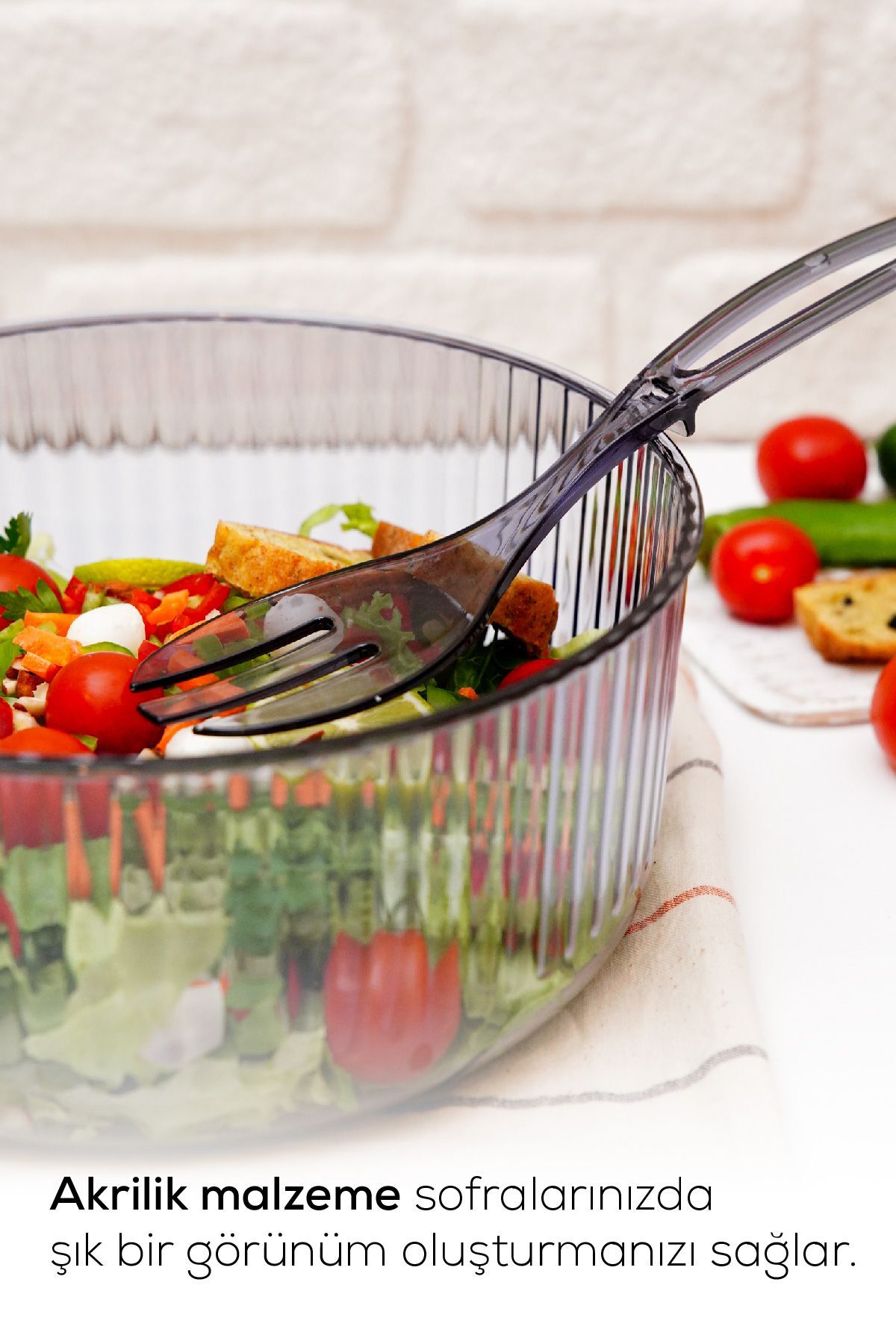 Akrilik Yuvarlak Kaşıklı Salata Kasesi 23 Cm Servis Sunum Tabağı Antrasit
