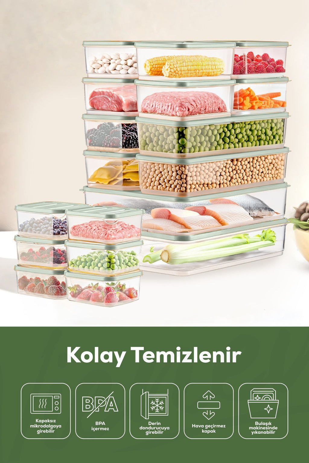 20'li Buzdolabı Düzenleyici Organizer Mikrodalgaya Uygun Difriz Saklama Kabı Mint