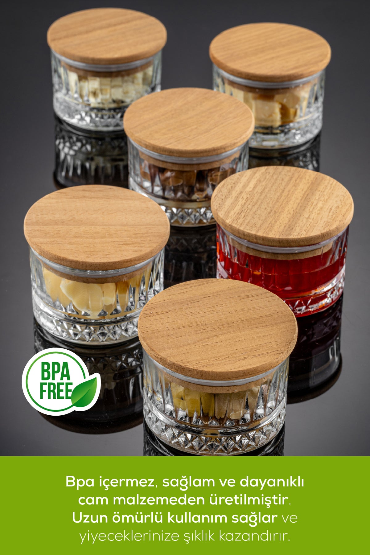 6'lı Ahşap Kapaklı Cam Kase Seti 180 ml